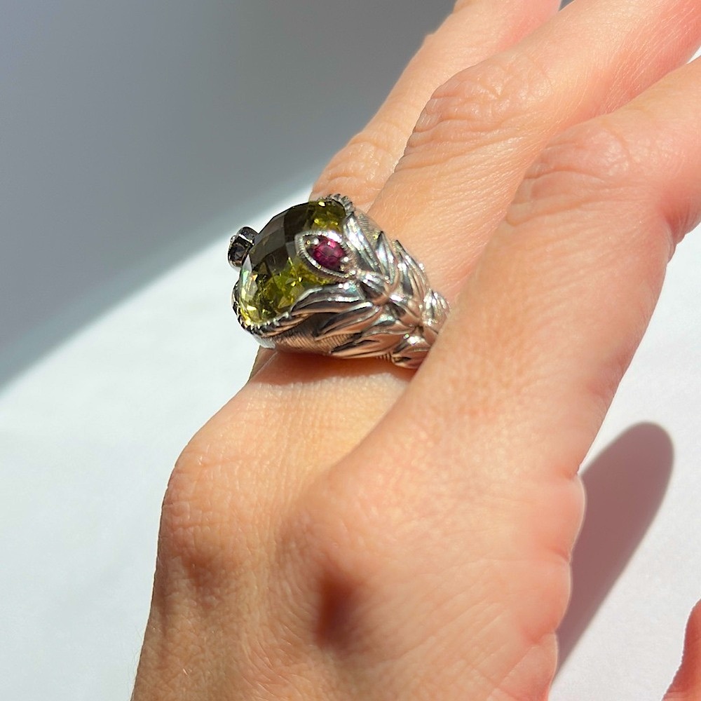 Judith Ripka 925 Sterling, Lemon Quartz & Garnet Ring Size 7